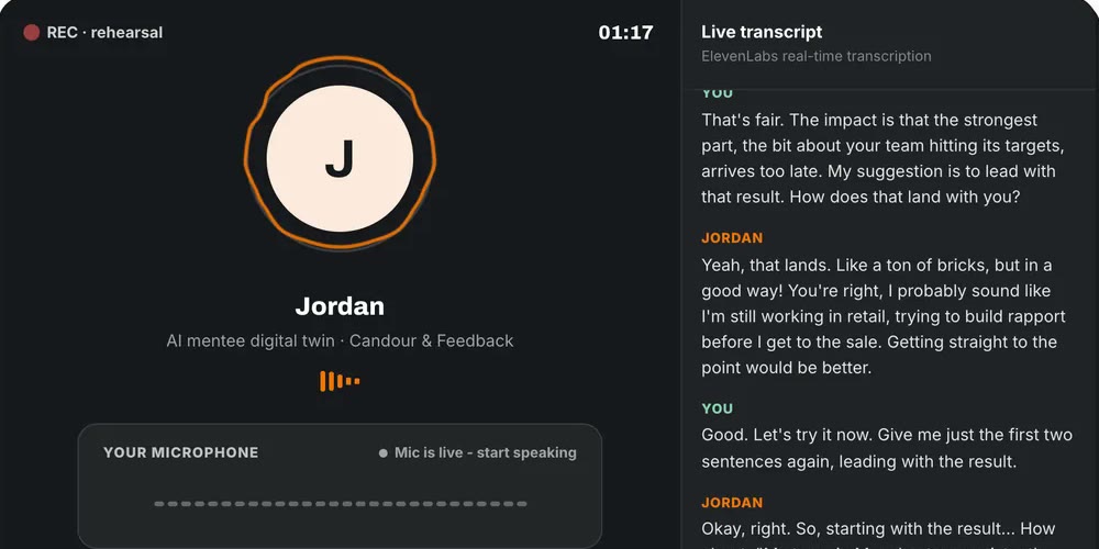 A live Tangent rehearsal: the AI mentee Jordan on a call, with the transcript beside it
