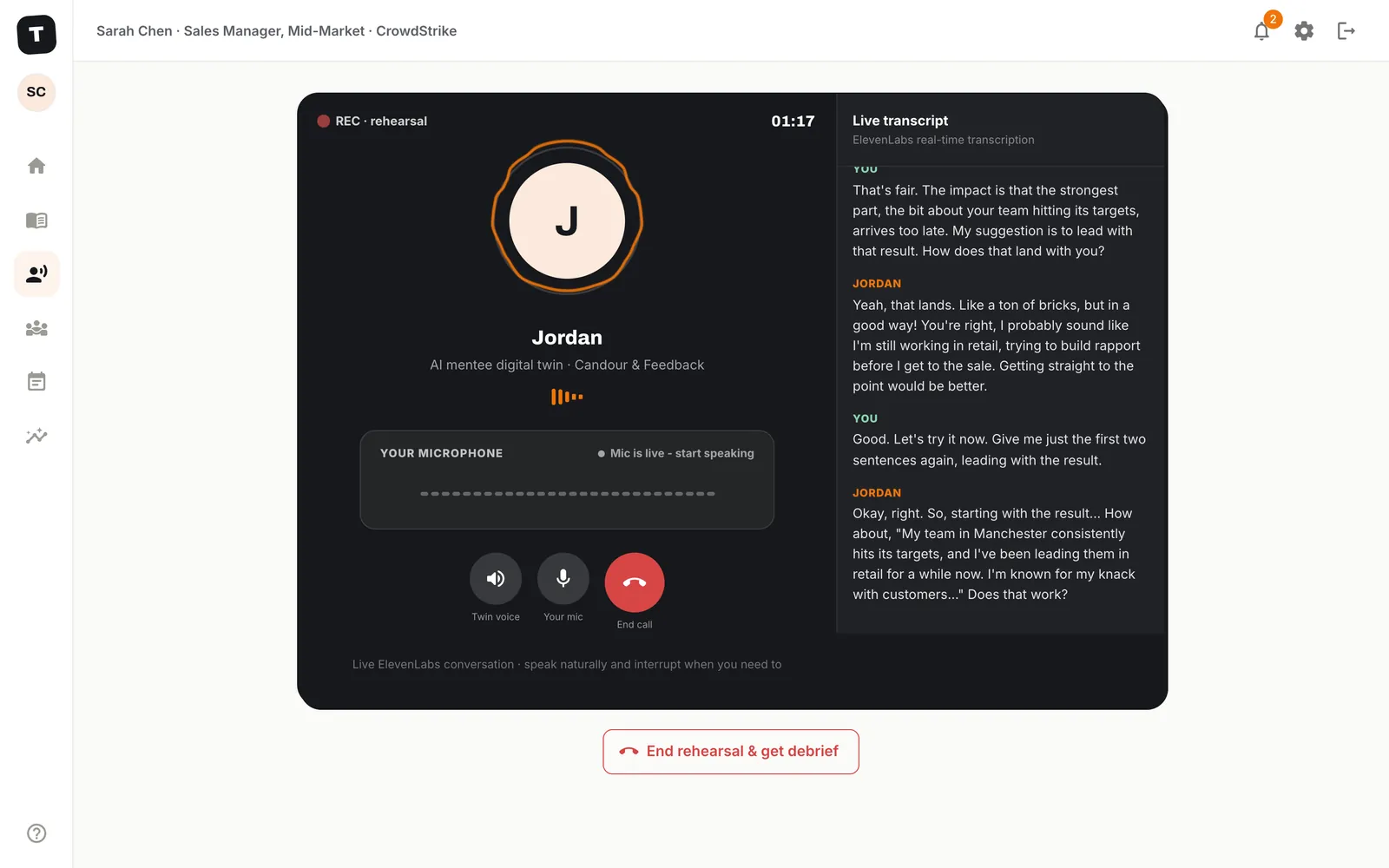 A live rehearsal in Learn by Mentoring: an AI mentee's avatar inside a glowing aura on the left, the live transcript of the conversation on the right.