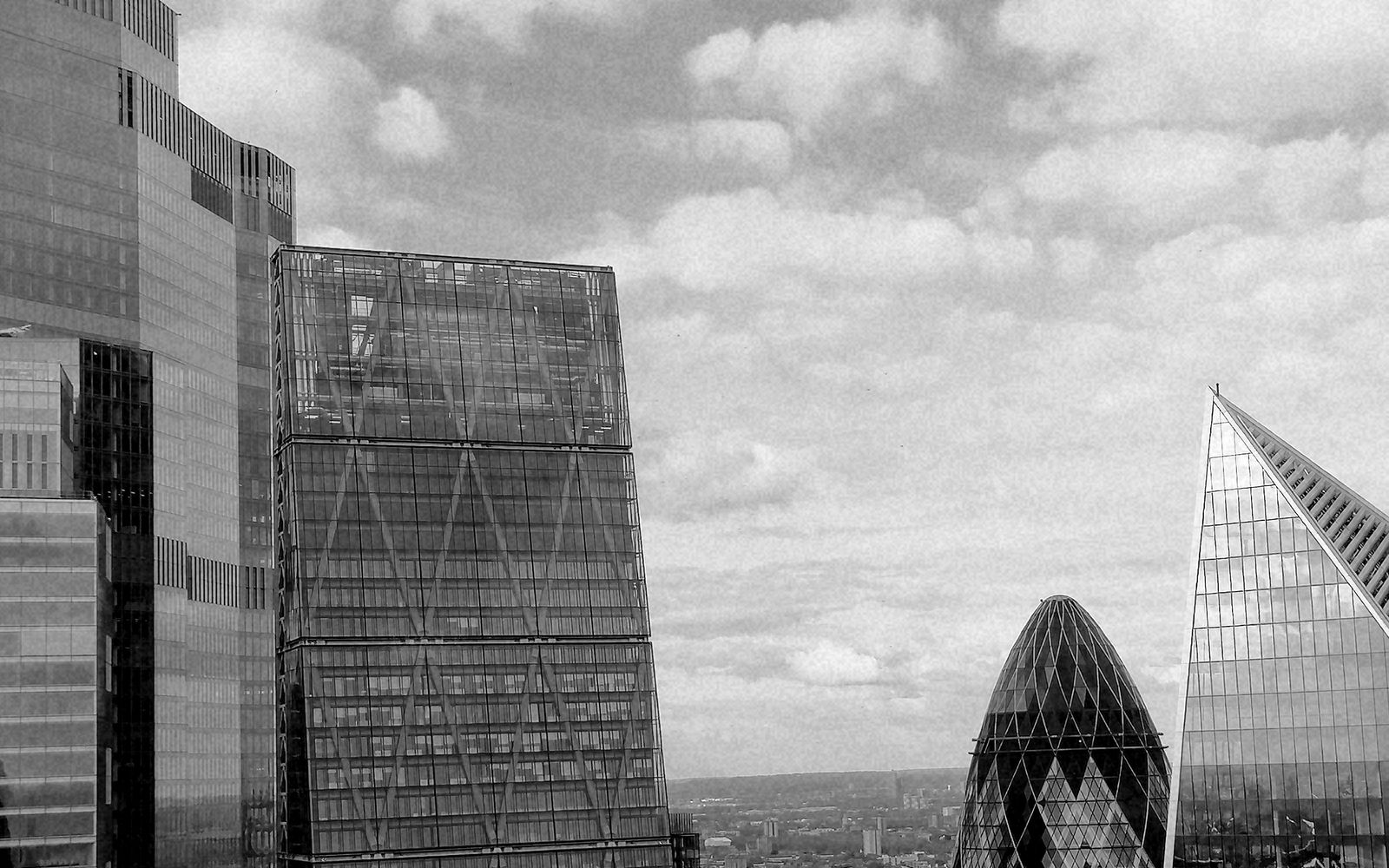 The City of London skyline in black and white, the Gherkin among the towers